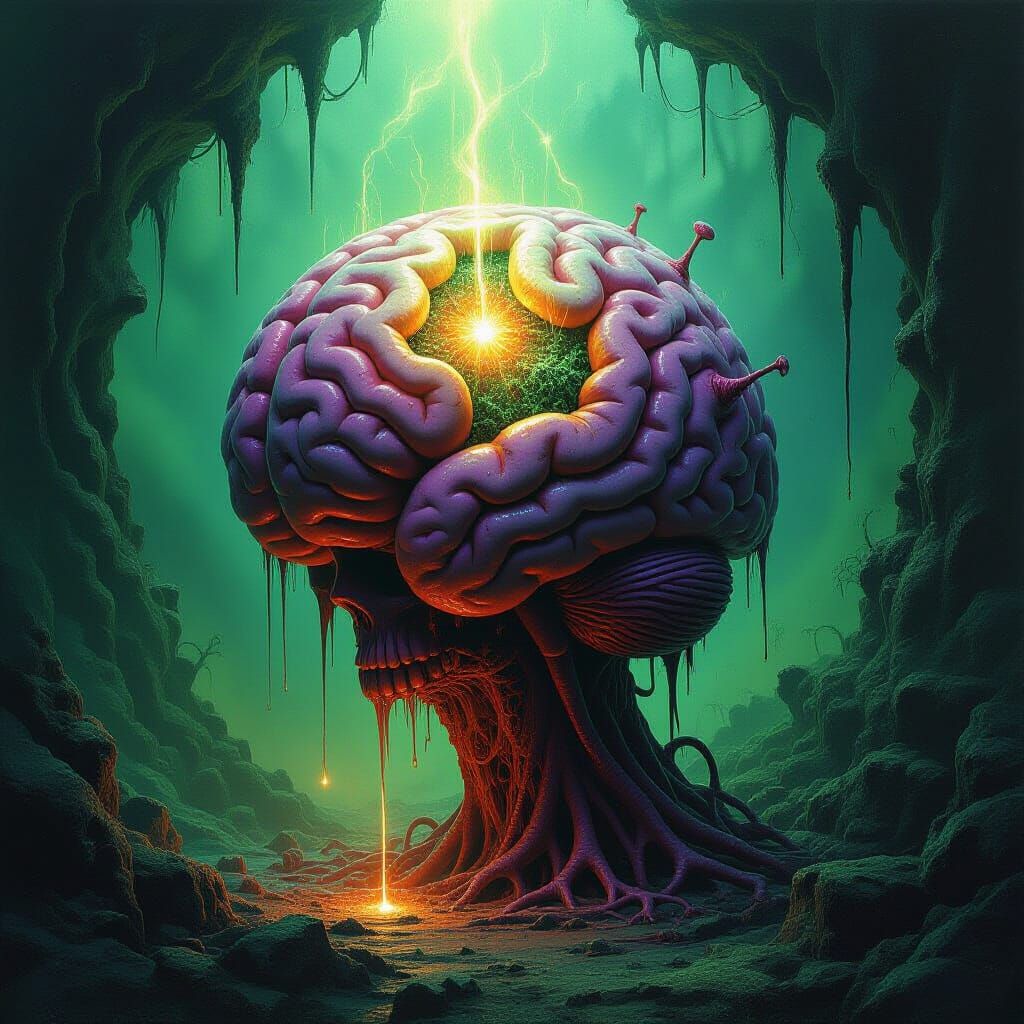 Surreal Brain Decay in Cosmic Horror Oil Painting Style