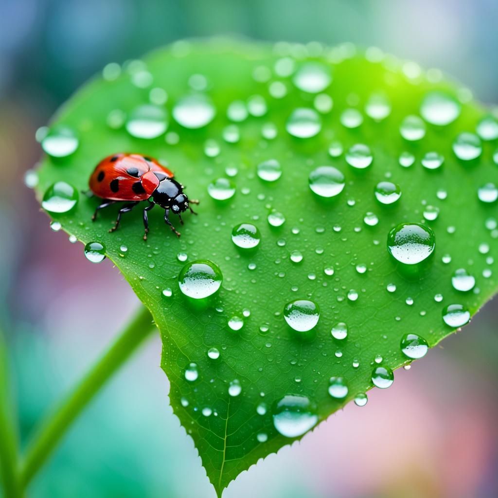 Ladybug Sleeping on Dewy Leaf: Macro Photography