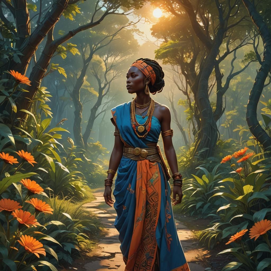 African Maiden in Lush Fantasy Landscape, Hyper-Realistic Ar...