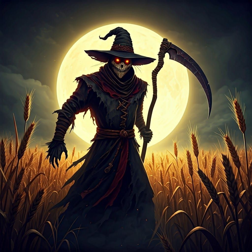 Scarecrow with Scythe in Dark Fantasy Landscape