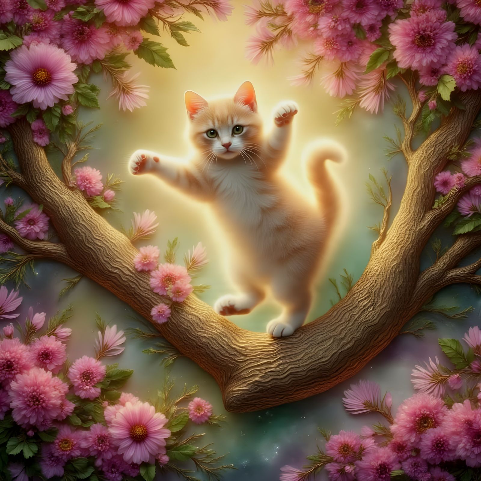 Tiny Pearl Cat Dancing Amidst Flowers