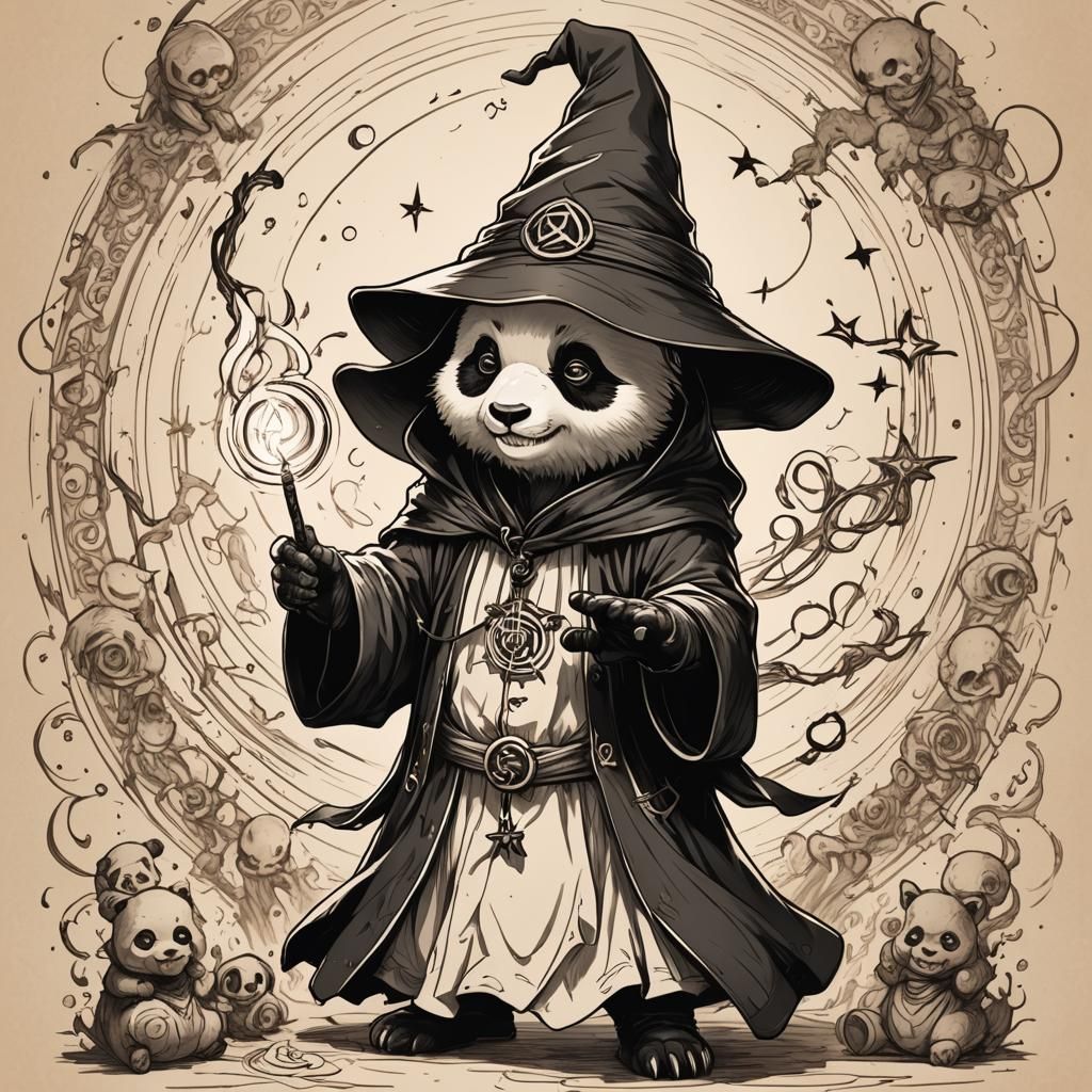 Panda Wizard Summons a Demon in Line Art
