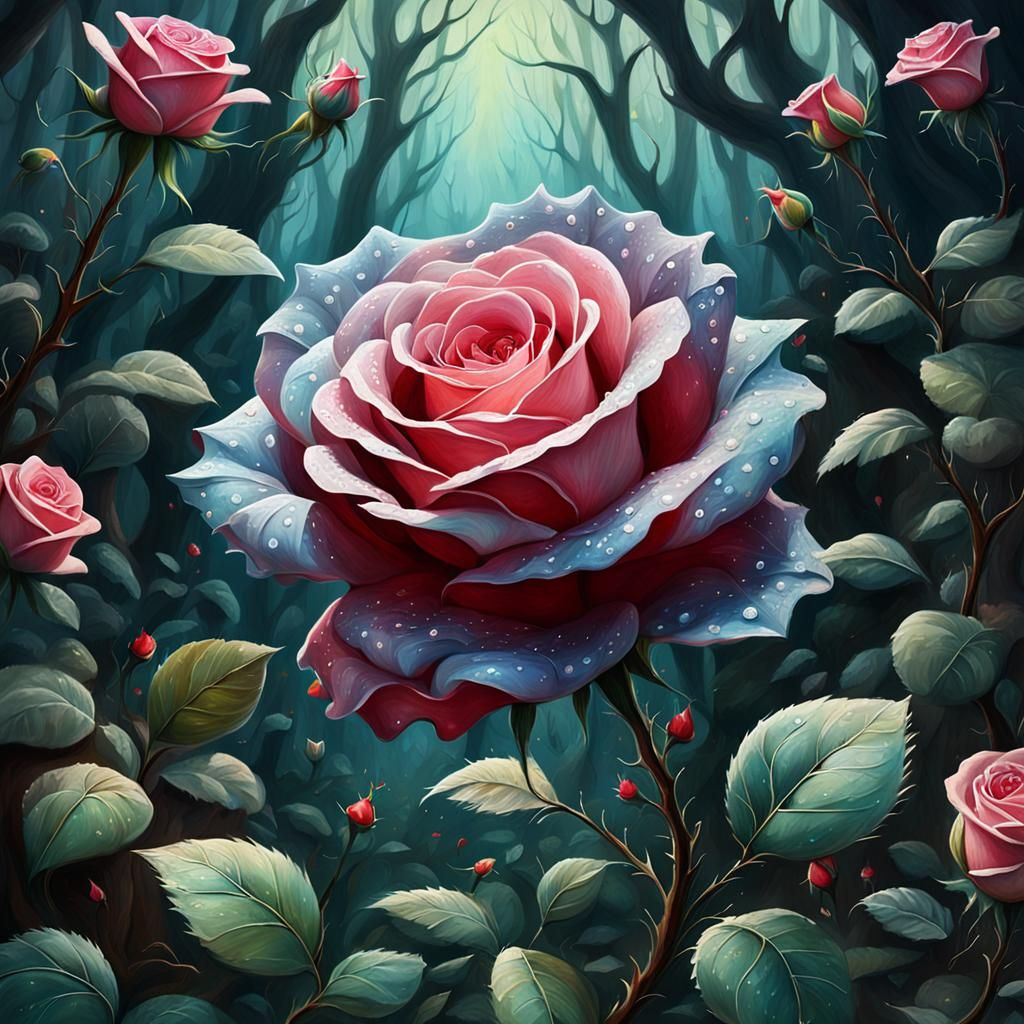 Fantasy Roses Bloom in Enchanted Forest: 3D Acrylic Art