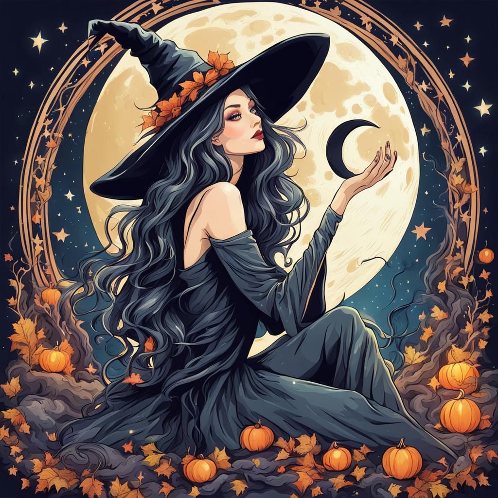 Enchanting Witch Casting Moon Magic