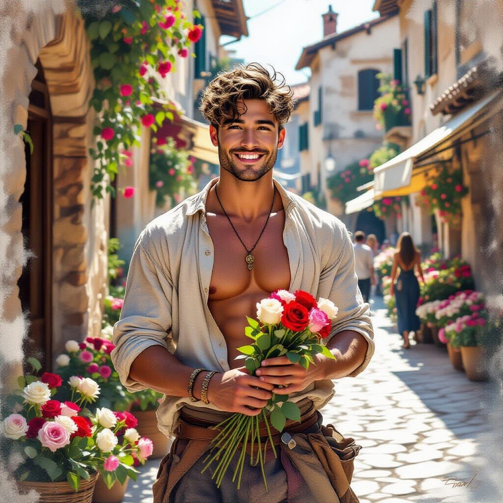 Ethereal Man Selling Roses in Medieval Market