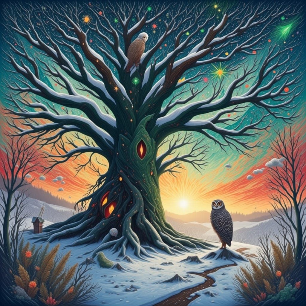 Winter Wonderland with Ancient Tree and Celestial Display