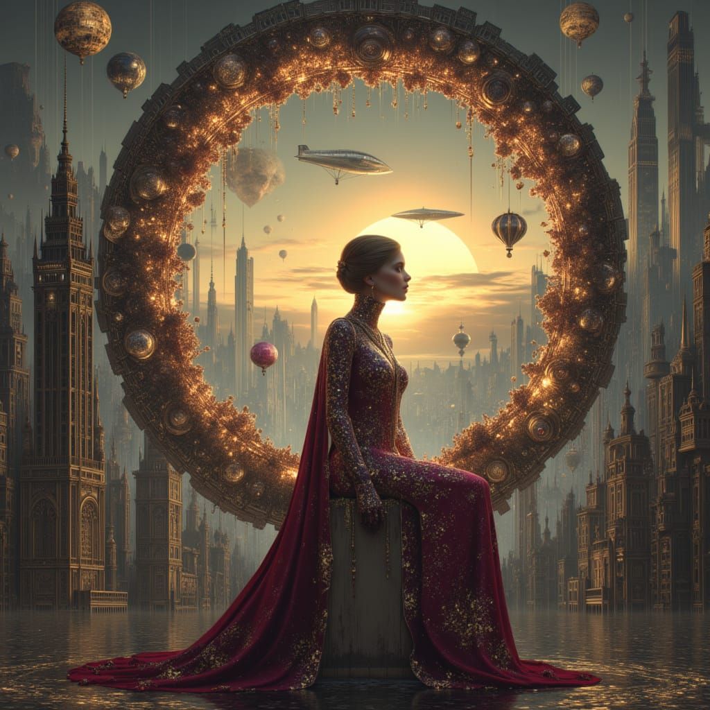 Empress on Crystal Throne in Steampunk City