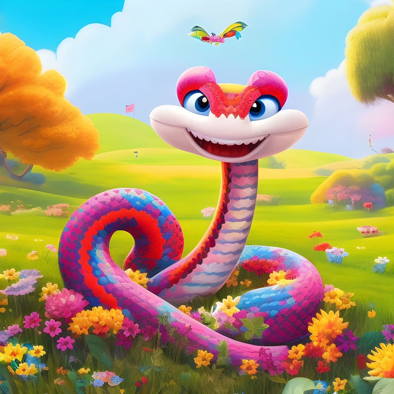 Cute Patchwork Snake in Spring Field