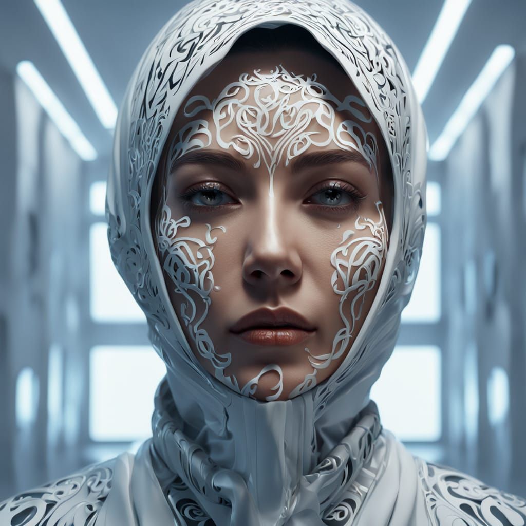 Abstract Portrait with Glowing Calligraphy in Digital Art St...