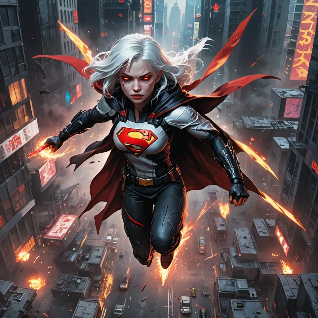 Vampire Superhero in Cyberpunk Cityscape