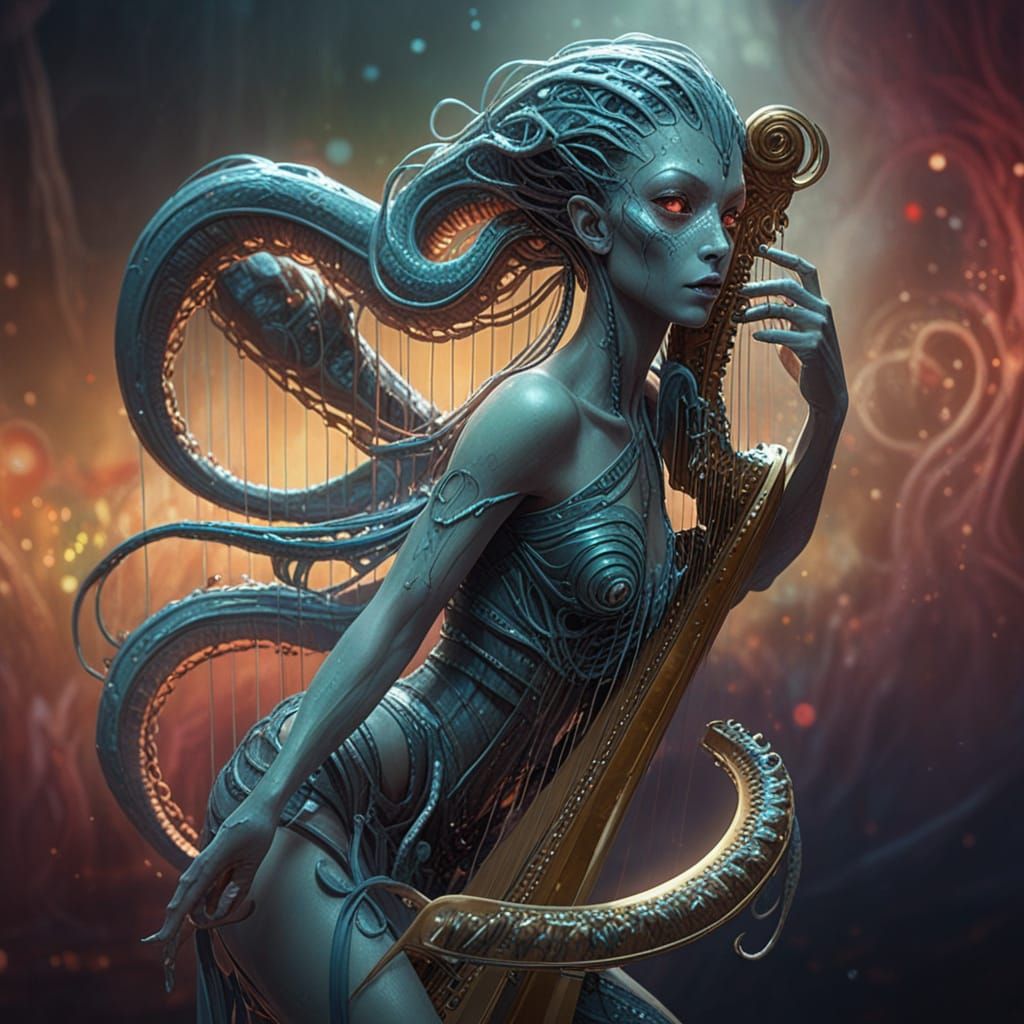 Celestial Musician in Vibrant, Neon Dreamscape