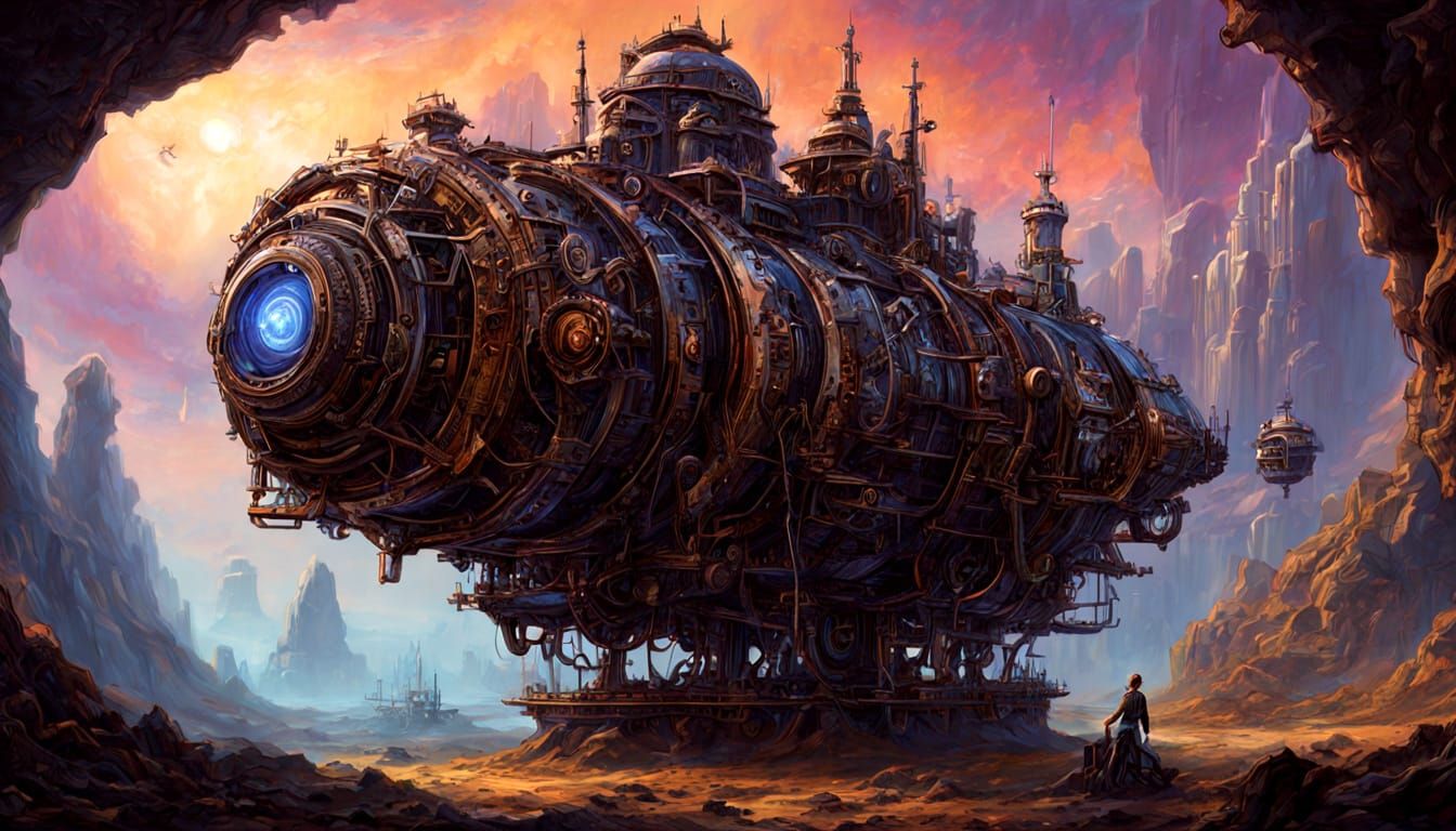 Automaton Before Cosmic Portal, Dark Fantasy Concept Art