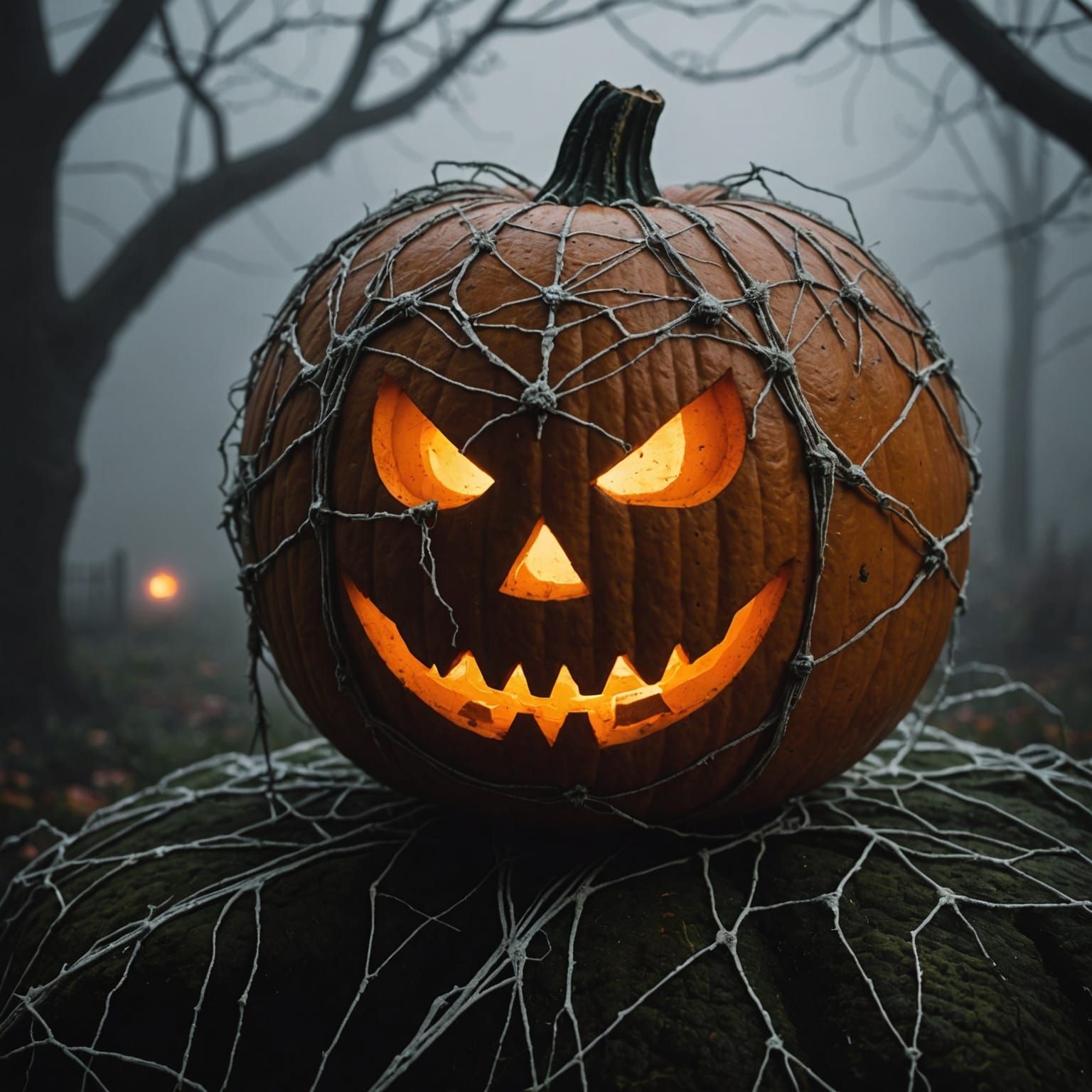 Creepy Cobweb Jack-o-Lantern on Foggy Night