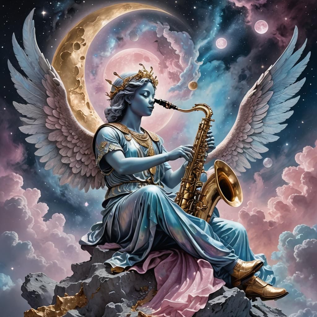 Create a hyper-realistic digital painting of a celestial angel playing a saxophone while seated on the surface of the Mo...