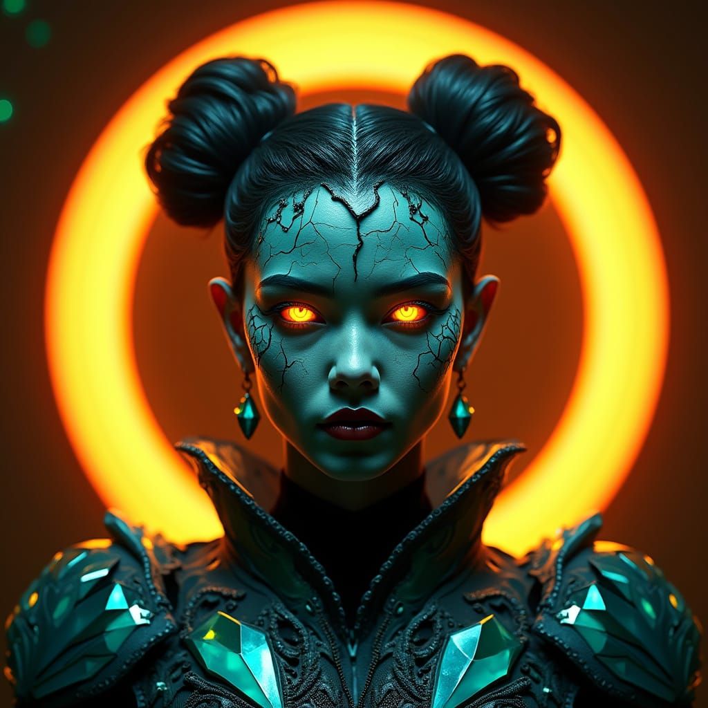 Jewel-Encrusted Character with Glowing Cyan Cracks