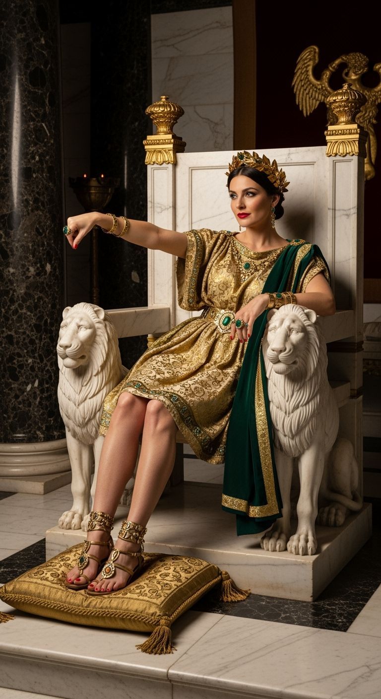 Roman Empress on Lion Throne in Lavish Gold Toga