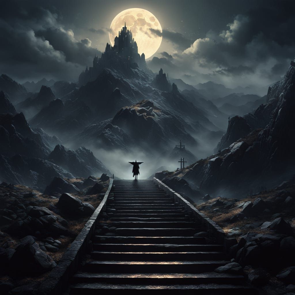 Mare Ascending Bronze Steps in Ominous Digital Painting