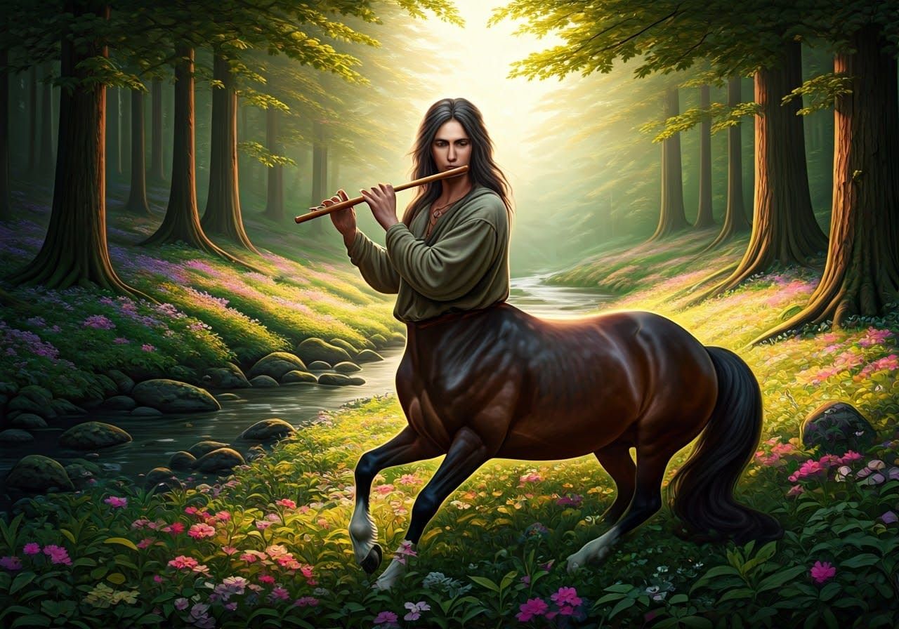 Centaur Flute Player in Forest, Neo-Primitive Earth Art