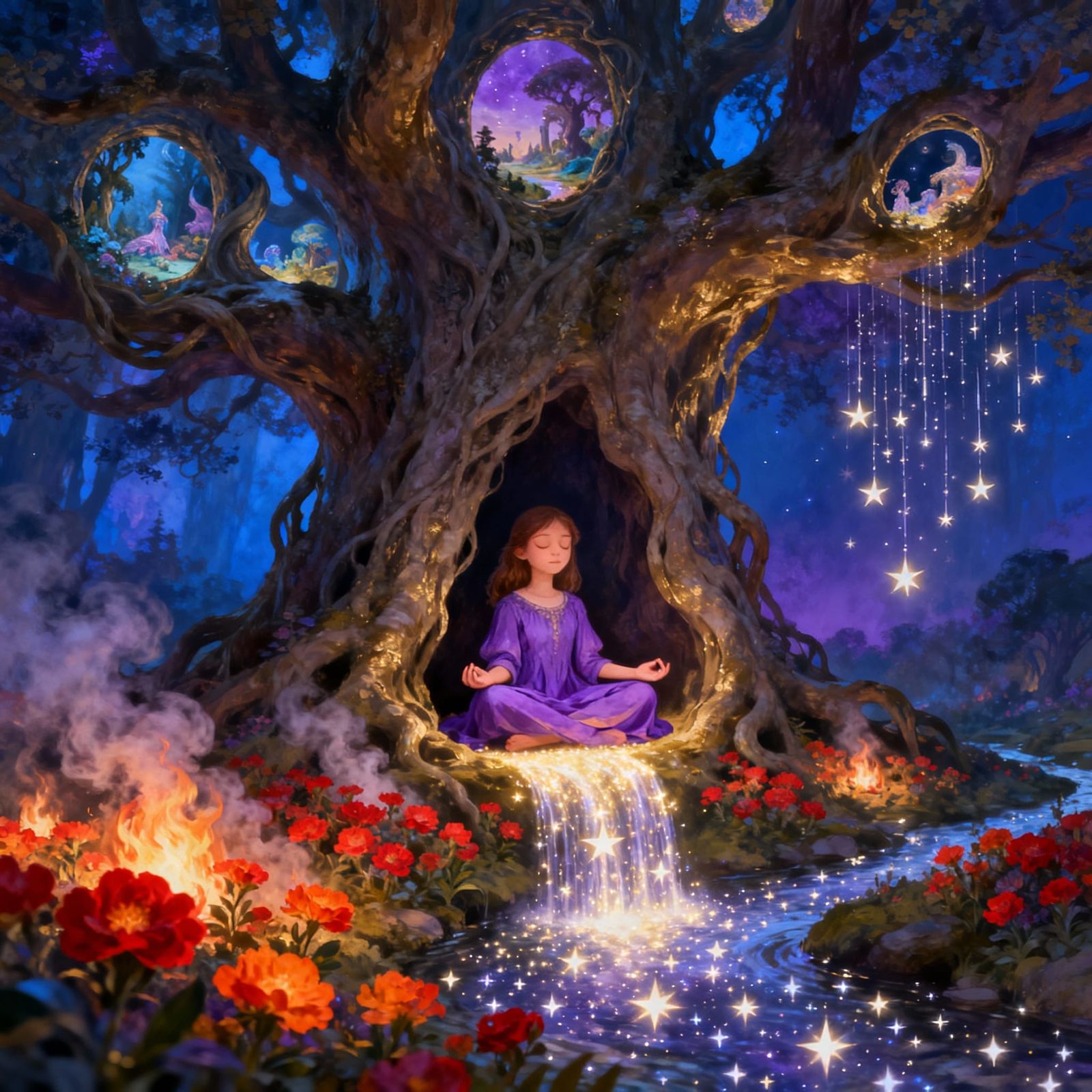 Girl Meditating in Ancient Tree Portal to Other Worlds