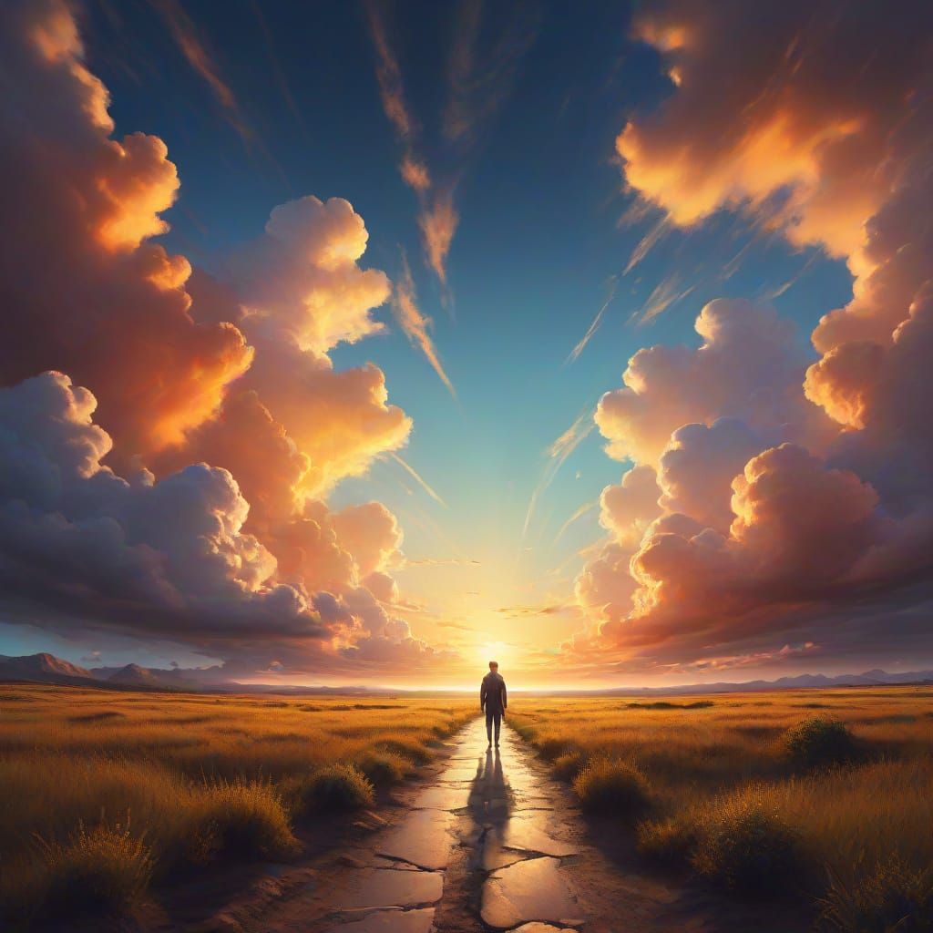 Ethereal Figure on Pathway to Sky: Oil Painting