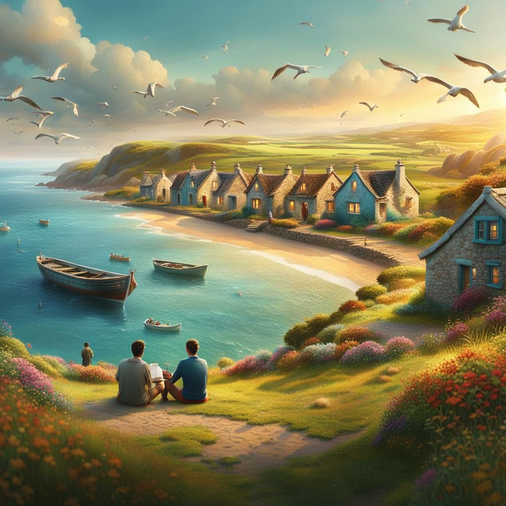 Coastal Cottages in Atmospheric Digital Painting