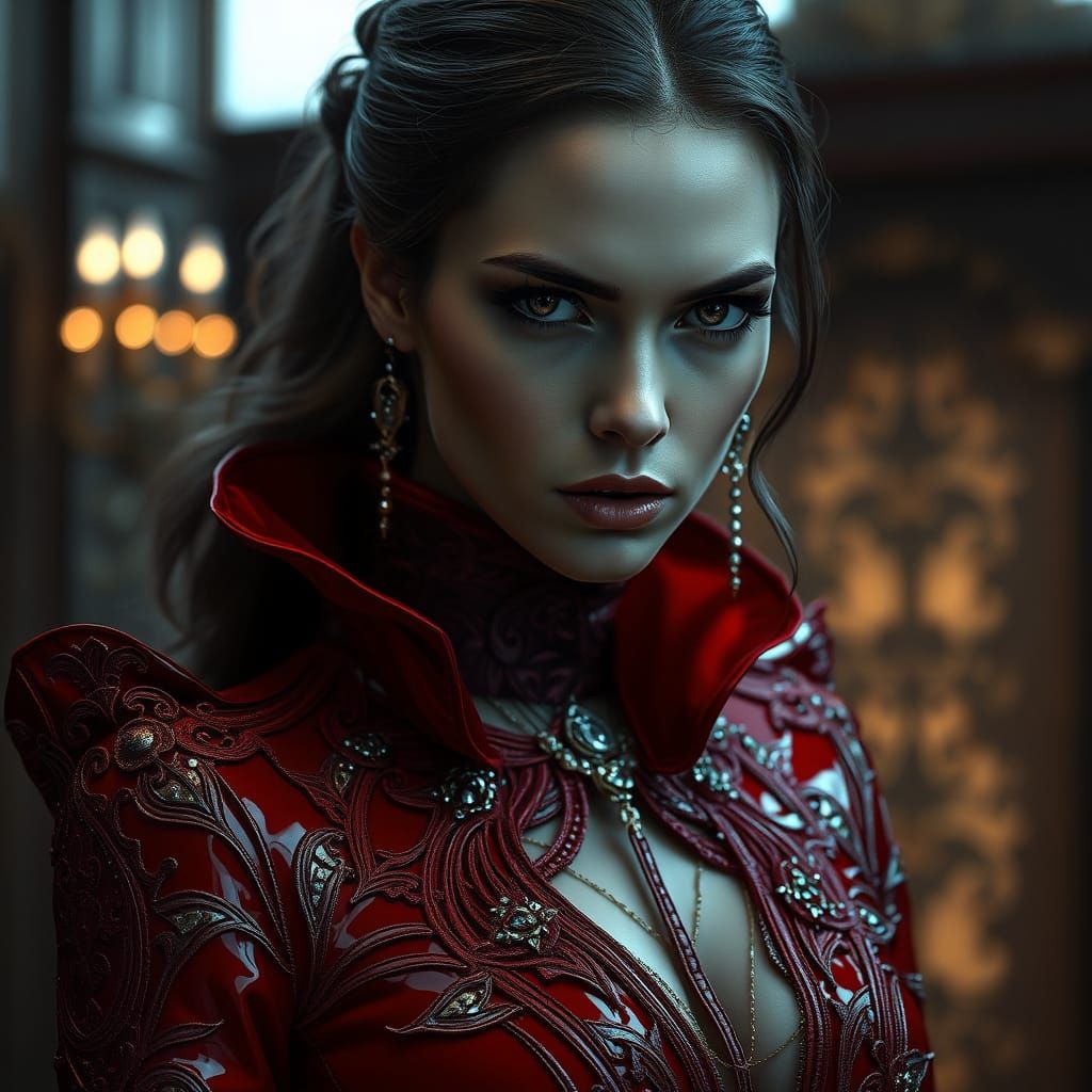 Beautiful Woman in Red Latex Gown, Hyperrealistic Portrait