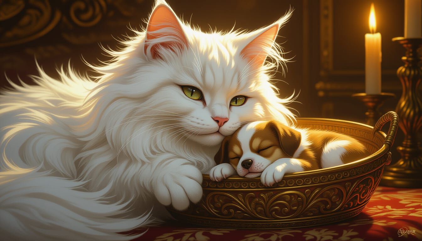 Cat Adoring Sleeping Dog in Golden Candlelight
