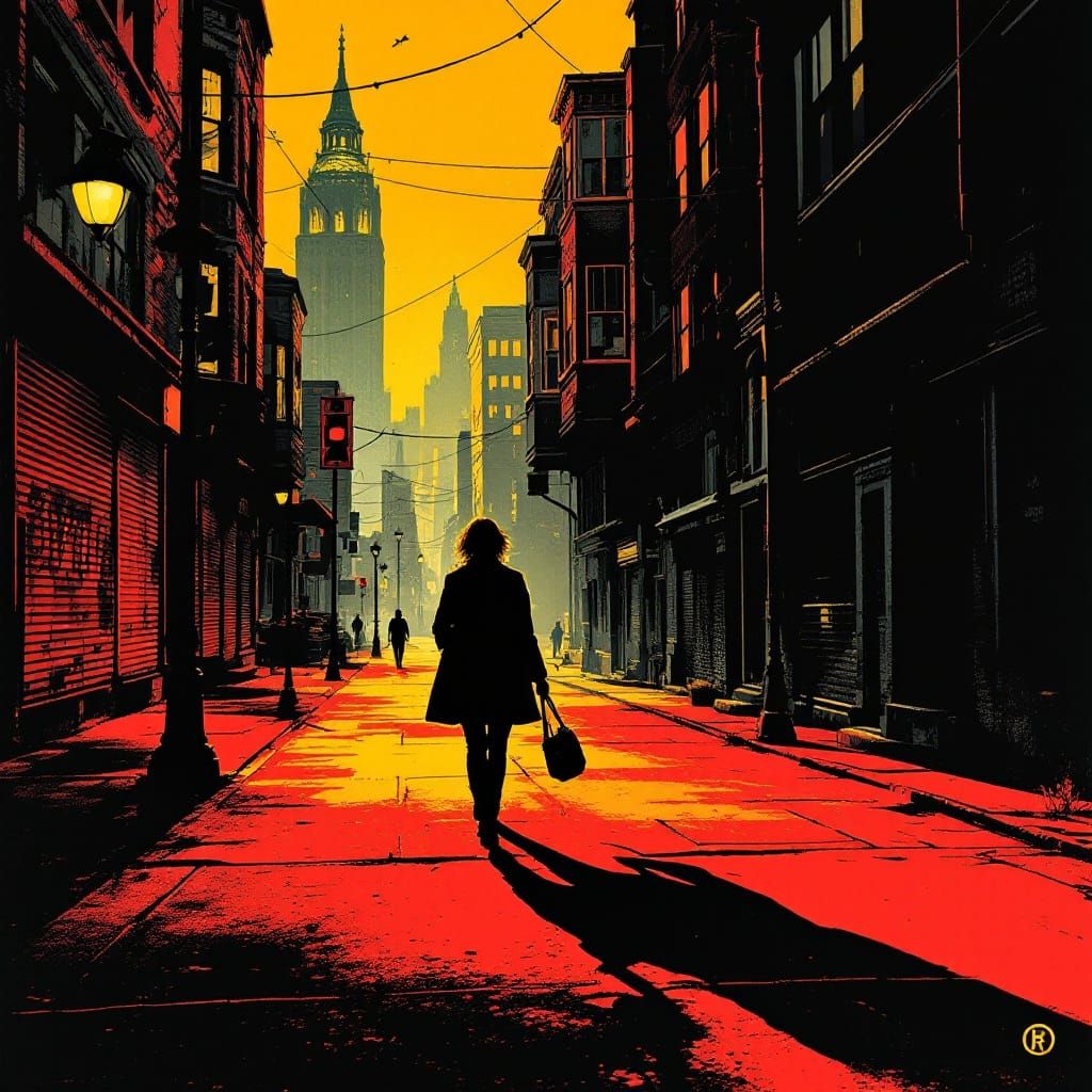 Noir Graphic Novel Street Scene in Pop Art Style