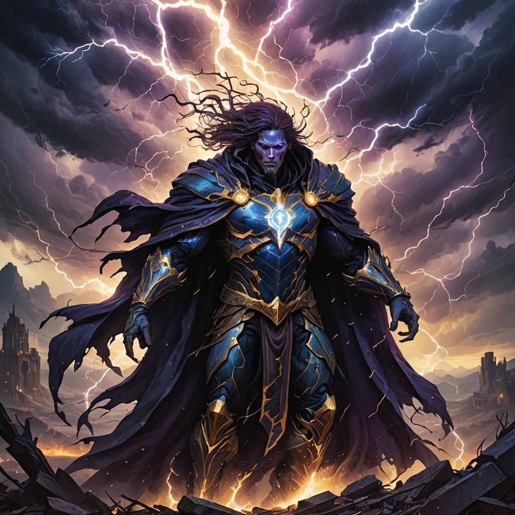 Ethereal Dark Fantasy Titan Emerges from Stormy Ruins