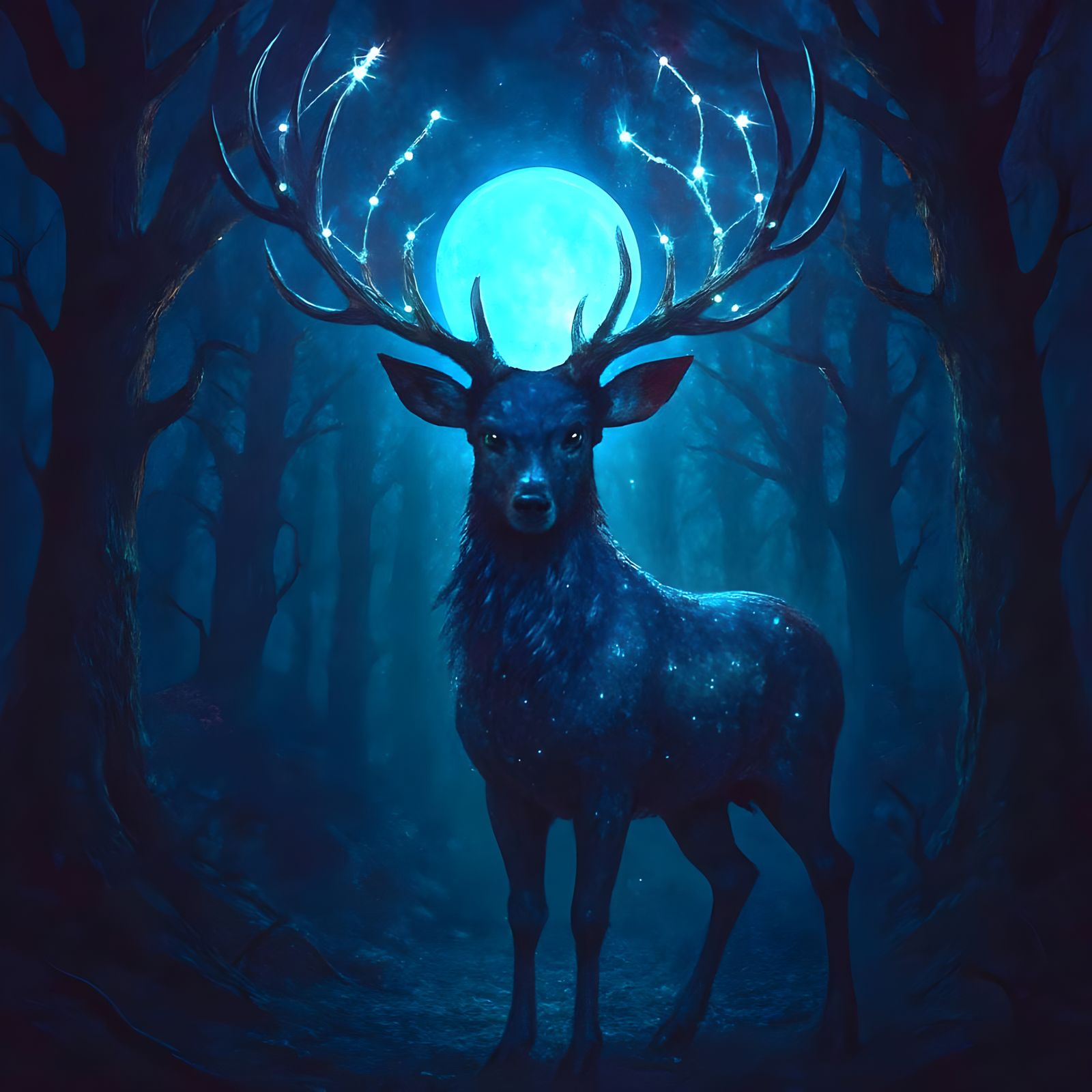 Mystical Deer in Moonlit Forest: Dark Fantasy