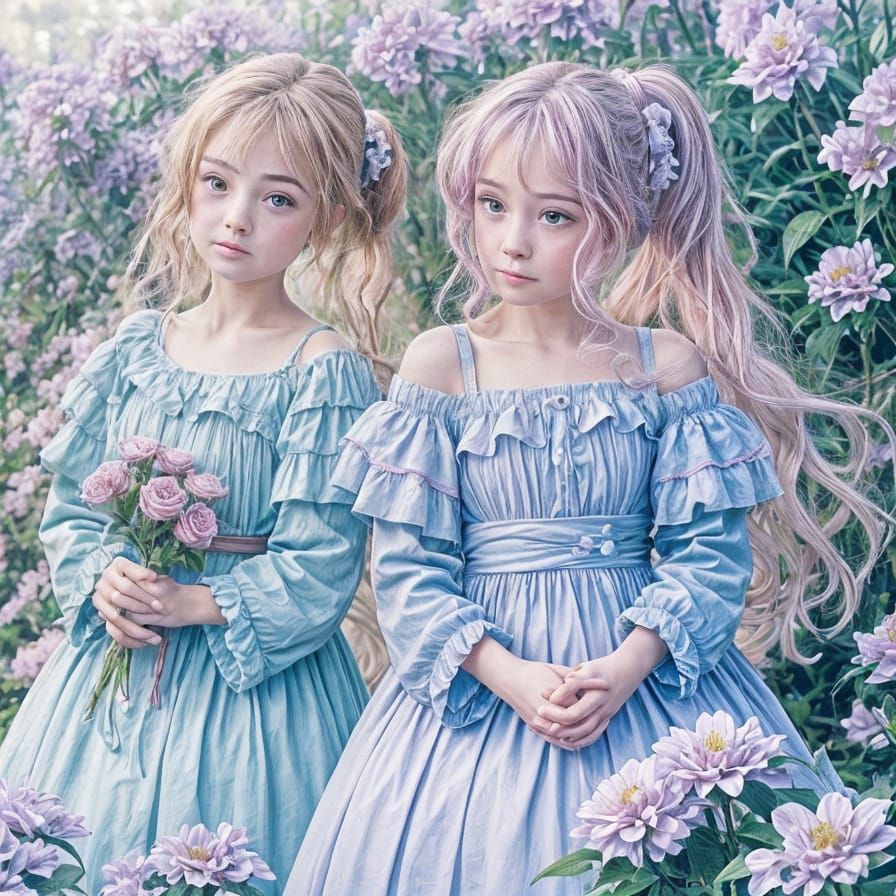 Studio Ghibli Style Lilac Ponytail Girl in Garden