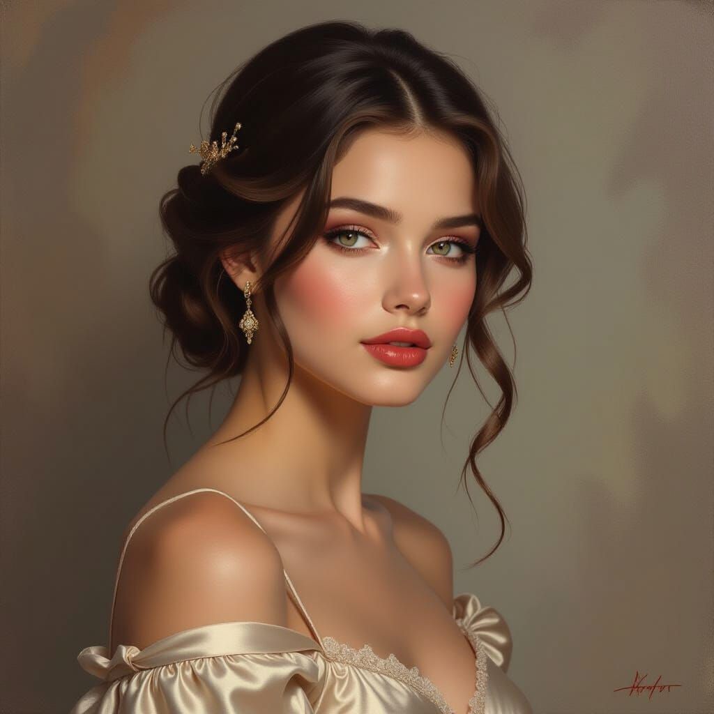 An elegant portrait of a young woman rendered in oil paintin...