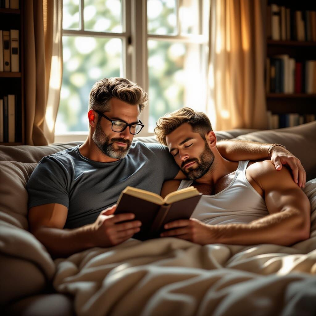 Attractive Men in Cozy Living Room with Sunlight