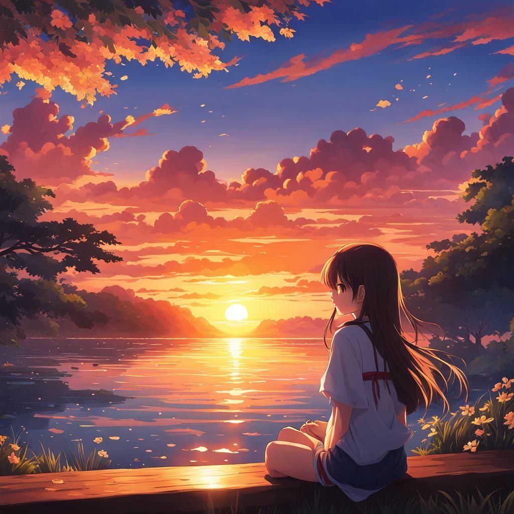 Anime Girl Enjoys Beautiful Sunset: Manga Art