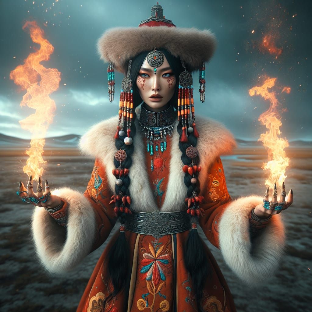 Fierce Mongolian Fire Goddess Yal-un Eke in Cyberpunk Aesthe...