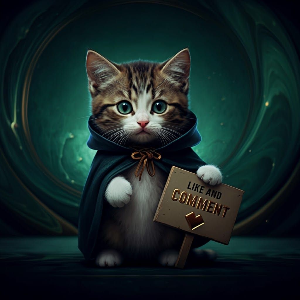 Kitten Holding Sign in Dreamlike Environment