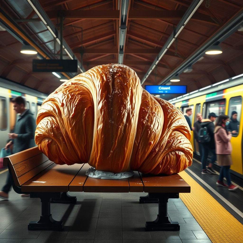 Giant Croissant in Train Station: Hyperrealistic Concept Art