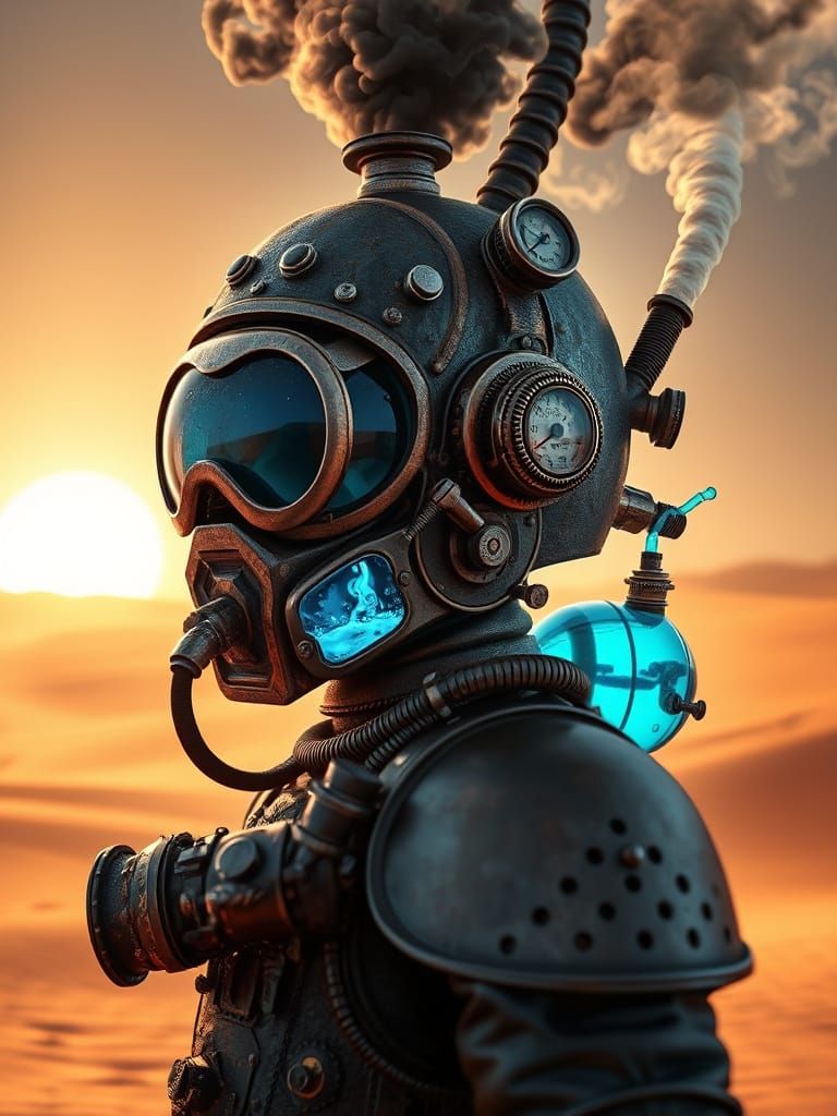 Steam-Powered Steampunk Helmet in Neon-Mist Closeup