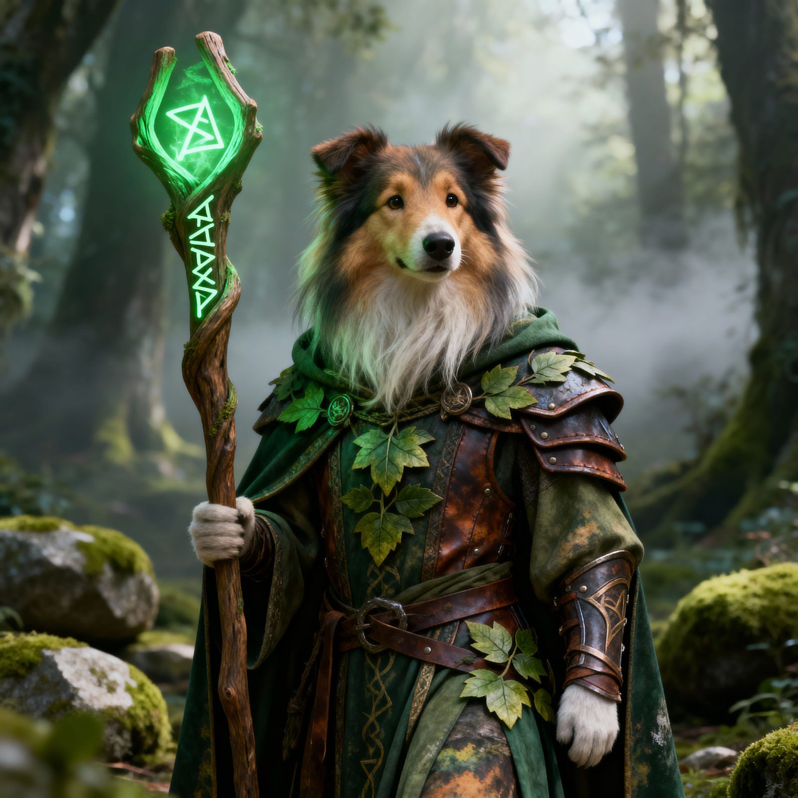 Fantasy Collie Druid in Enchanted Forest