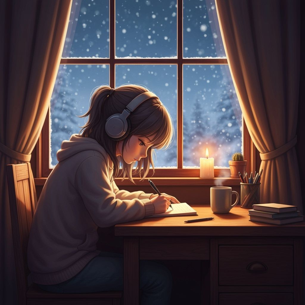 Cozy Lofi Girl Writing in Snowfall, Anime Illustration