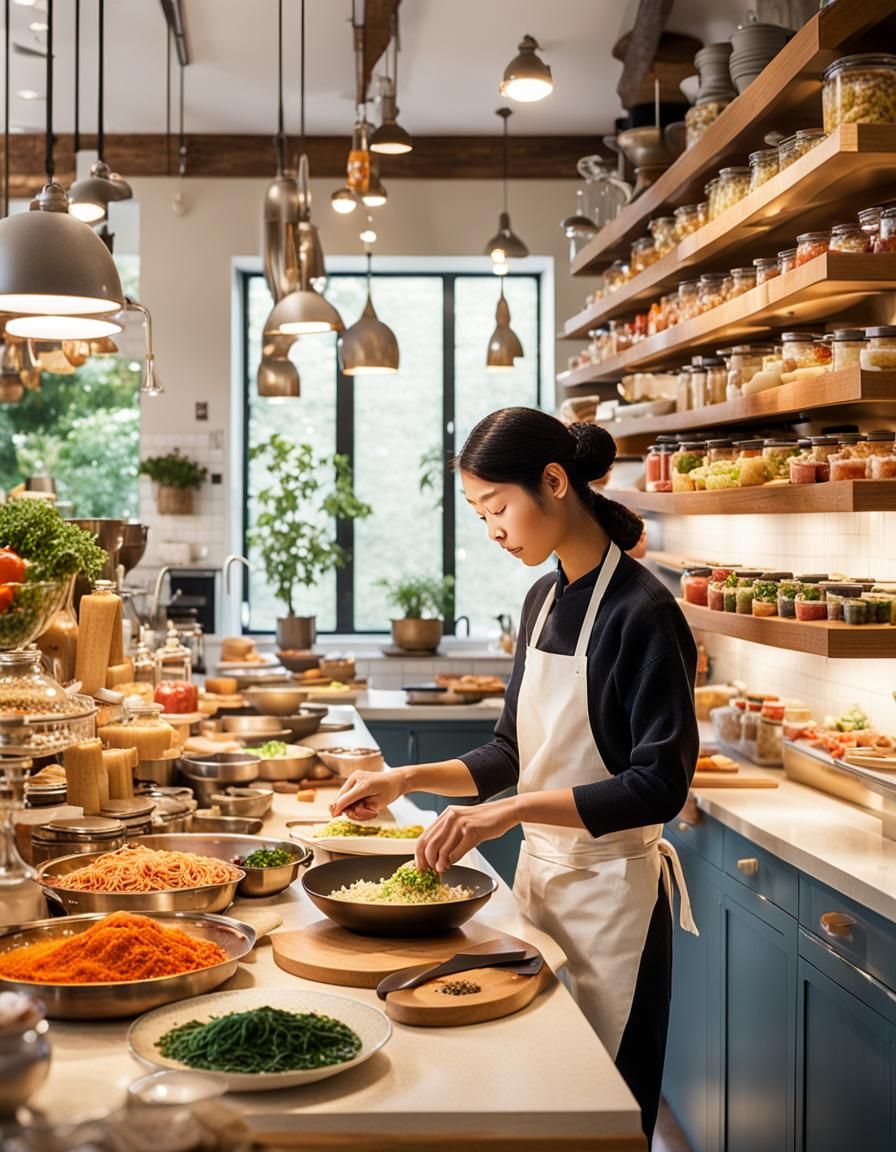 Fusion Cuisine Preparation in Modern Kitchen