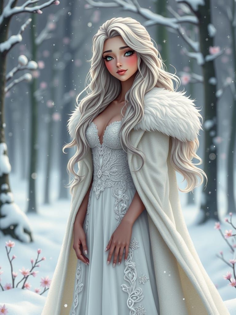 Realistic Winter Princess with White Hair and Fur Coat