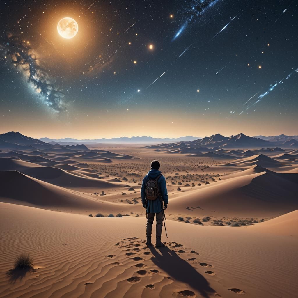 Desert Traveler Under Starry Sky, Digital Oil Painting