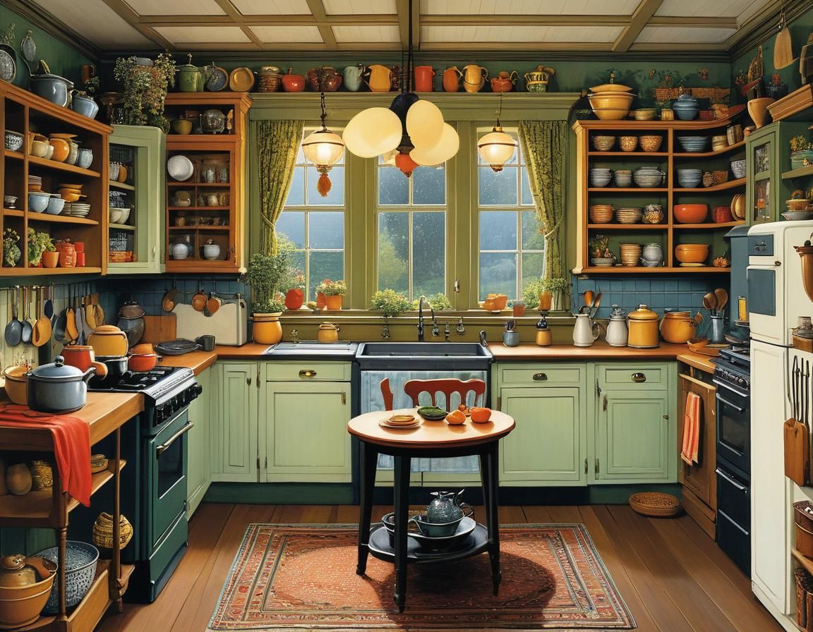 Cozy Kitchen Interior with Illustrative Flair