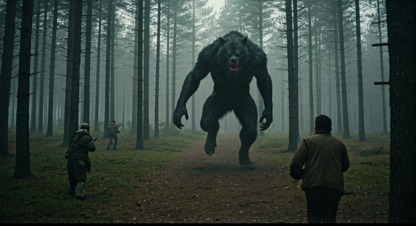 Hungry Werewolf Chasing Hunters in Dark Forest