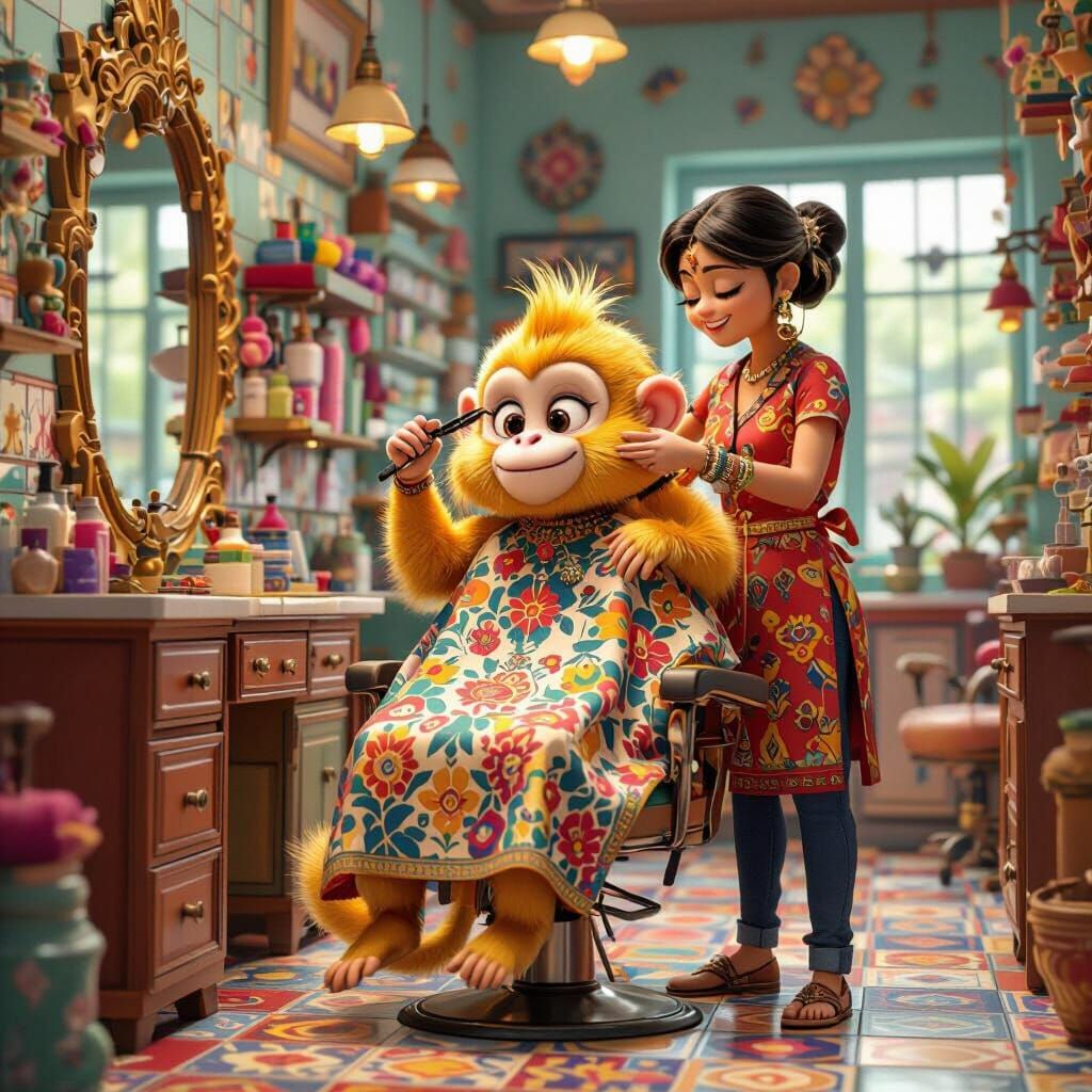 Monkey Haircut in Indian Salon, Animated Style