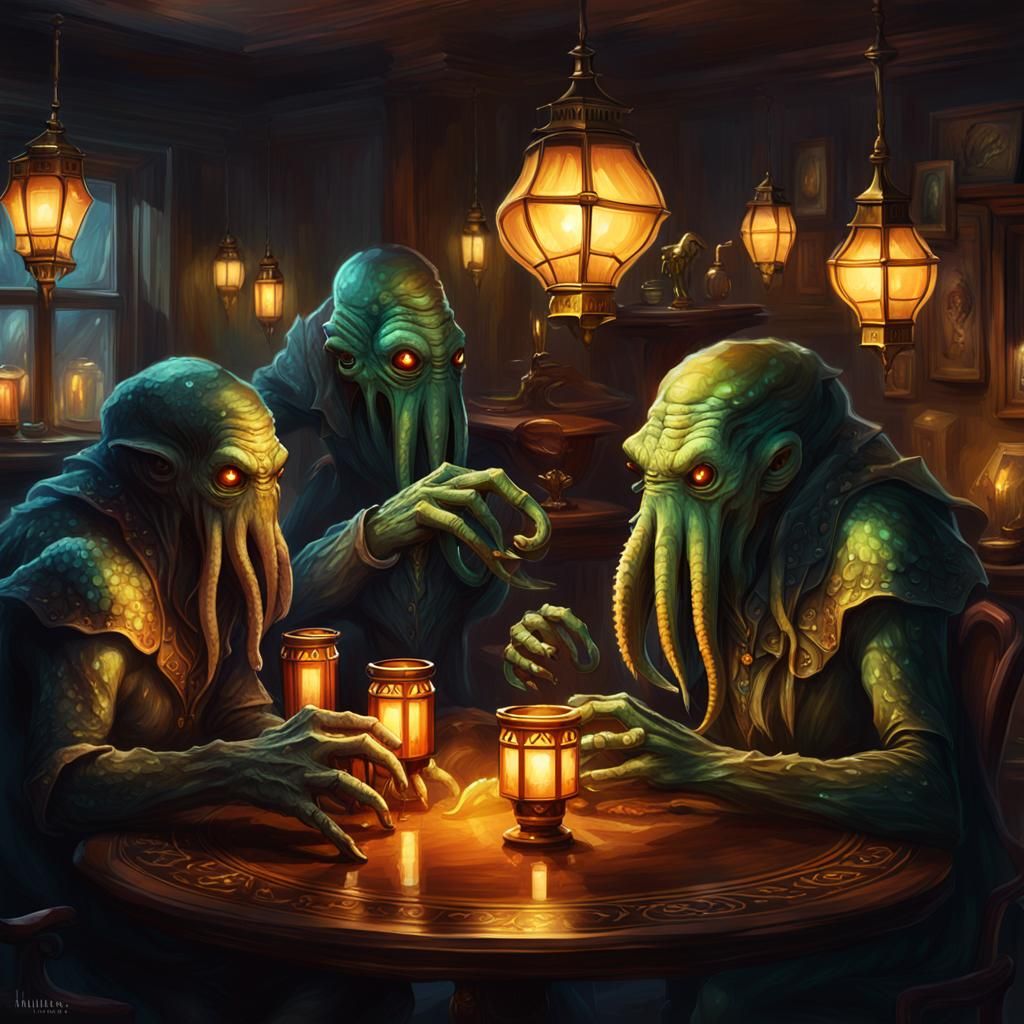 Cthulhu and Deep Ones in Cosy Apartment, Hyper-Realistic Art