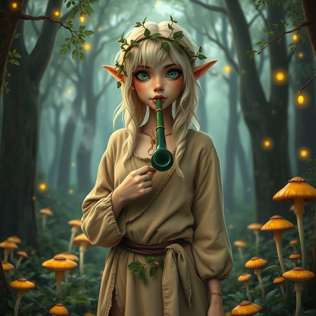 Elven Woman Smoking Pipe in Glossy CGI Style