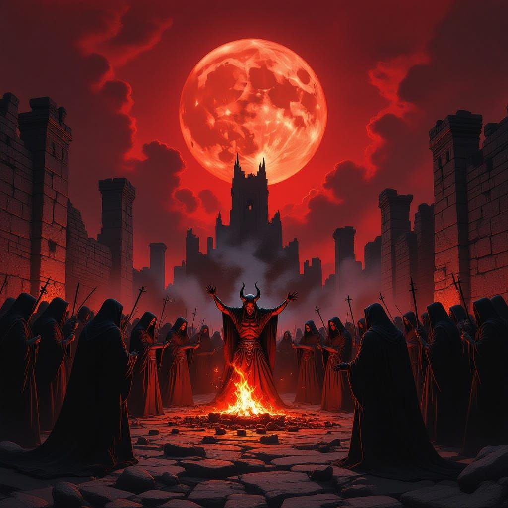 Satan Emerges From Dark Ritual Under Crimson Moon
