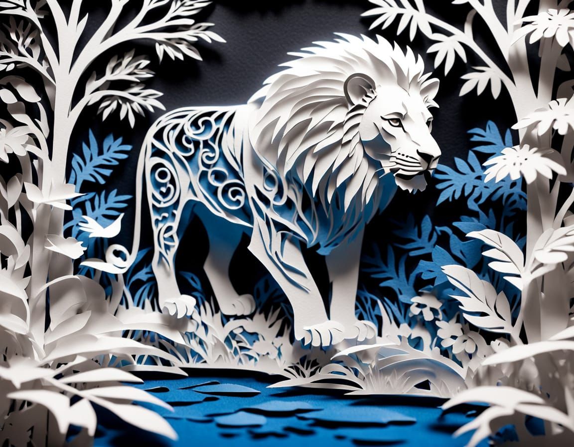 Monochrome Kirigami Lion in Jungle Paper Art